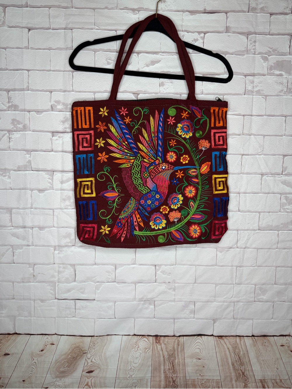 Colorful Embroidered Bird Floral Boho Artisan Tote Bag